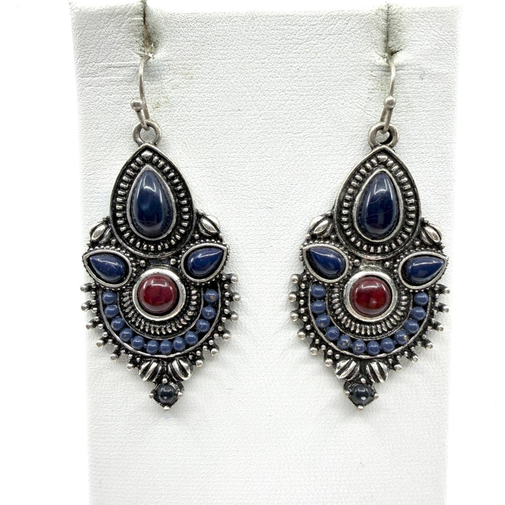 Bohemian Dangle Earrings Dark Blue Red Stones Silver Tone Boho Gift